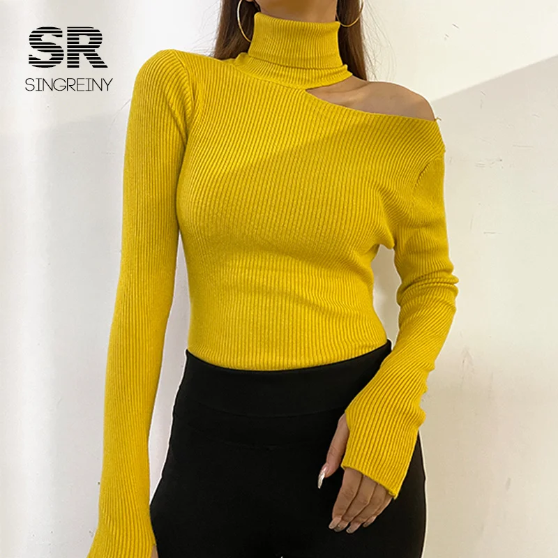 

Осенние вязаные пуловеры SINGREINY с высоким воротником, женские дизайнерские облегающие вязаные топы с открытыми плечами, модный теплый свитер в Корейском стиле на зиму