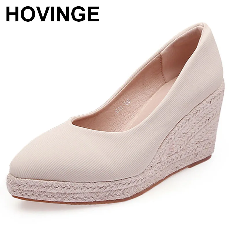

Autumn New Pointed Toe Wedge Fisherman Jute Sole Shoes Satin Low Cut High Heel Pumps Women Platform Straw Women's