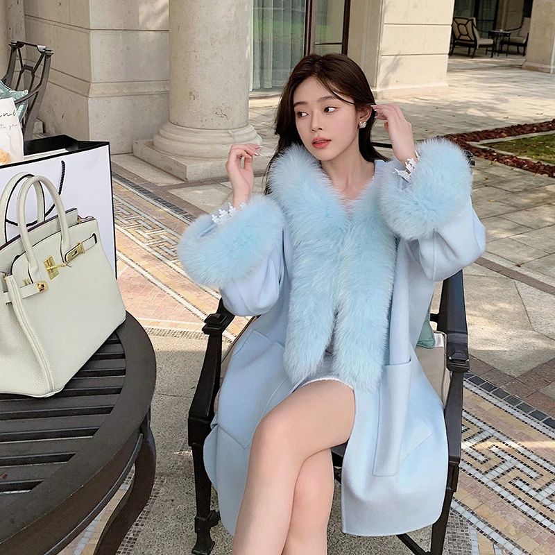 

Luxury gorgeous fox fur collr and cuff wool coat for women winter warm celebrity oversized cashmere outerwear NQ23