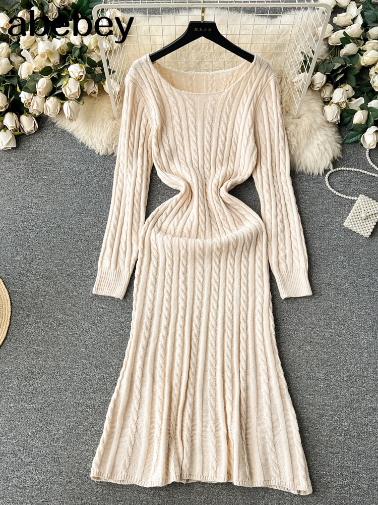 

New Autumn Sweater Dress Women Solid Casual Loose O Neck Long Sleeves Korean Streetwear Office Lady Knitted Chic Dress