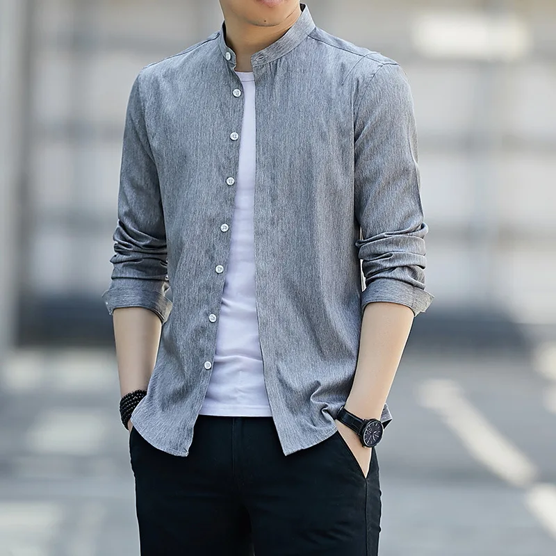 

Мужская рубашка с воротником-стойкой, однотонная Облегающая рубашка-карго с длинными рукавами, корейский стиль, осень 2022