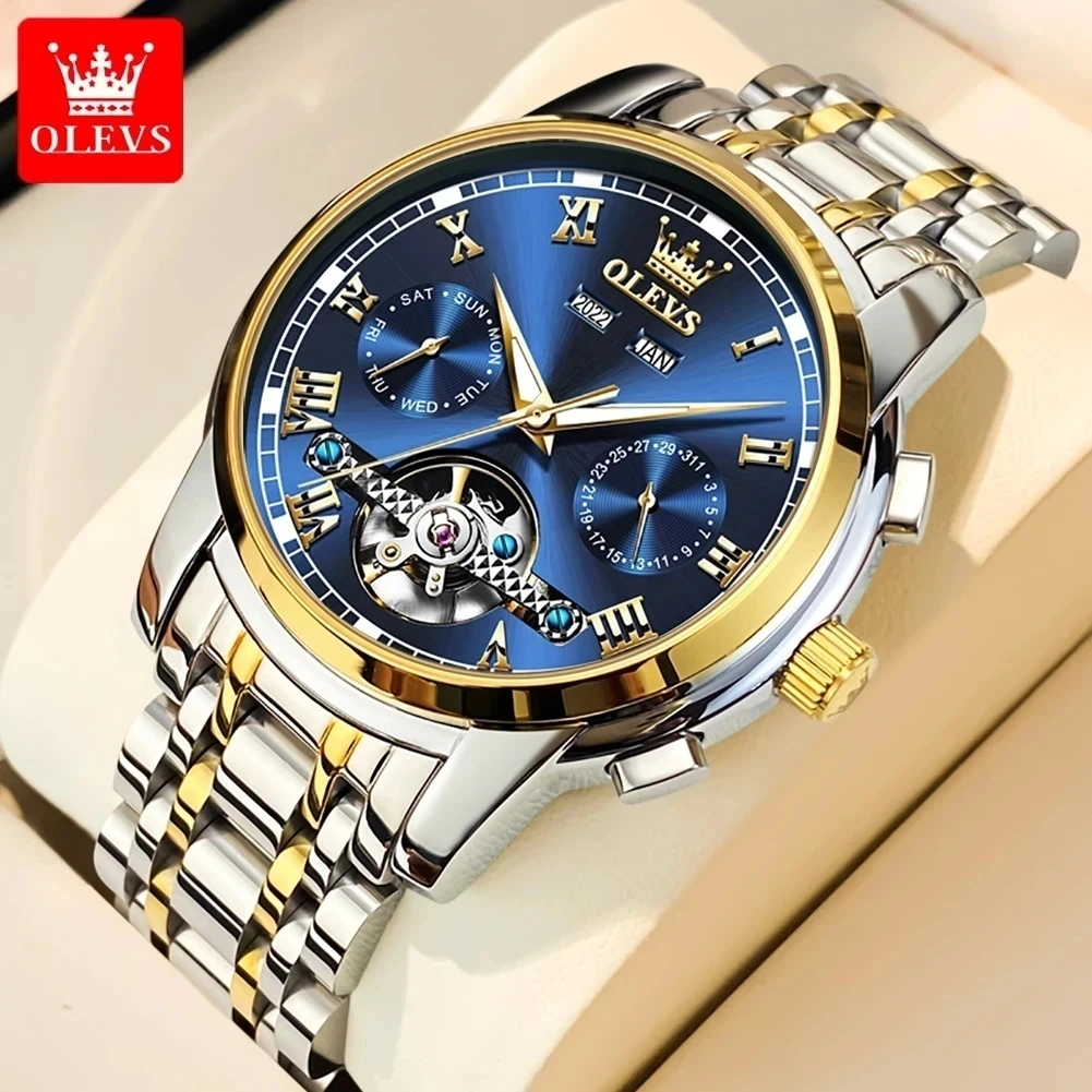 

OLEVS Automatic Mechanical Watch for Men Date Calendar Skeleton Wristwatch Stainless Steel Classic Business Men's Watches 6607