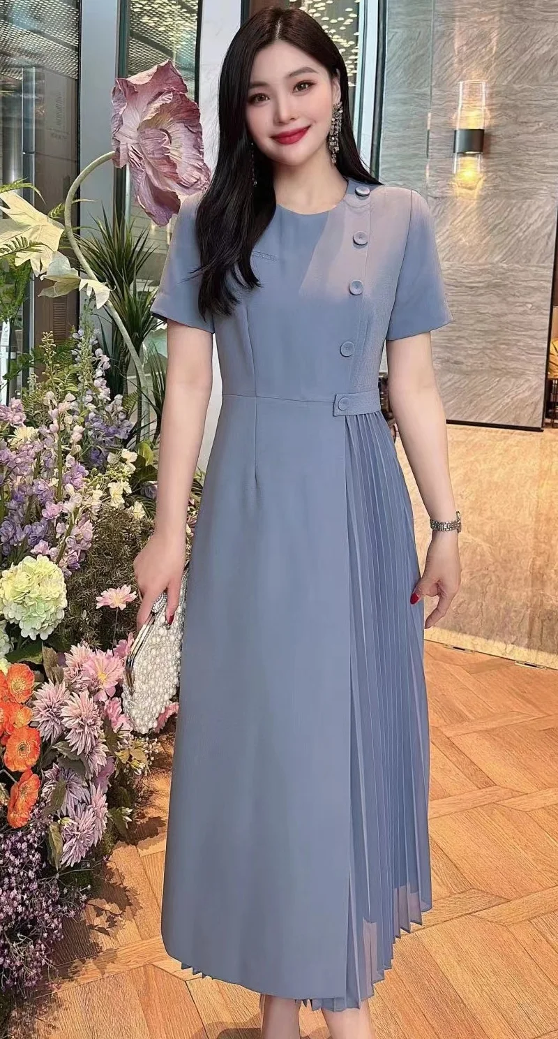 Женское Плиссированное Платье-туника фиолетовое или синее платье средней длины