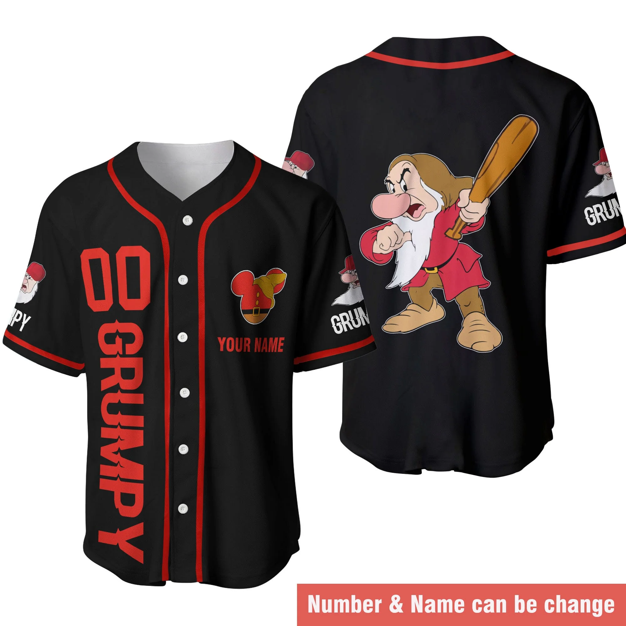 Angry Grumpy Dwarf Baseball Jersey Red Stripes Patterns Disney Baseball Shirt 3D T-shirt Disney Disney Casual Baseball T-shirt images - 6