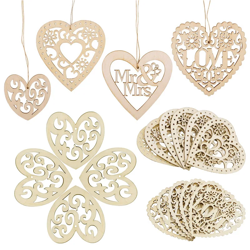 

10Pcs/set Wedding Wood Hollow Heart Hanging Ornament Mr Mrs Love Wooden DIY Craft Pendant Valentine's Day Wedding Decoration