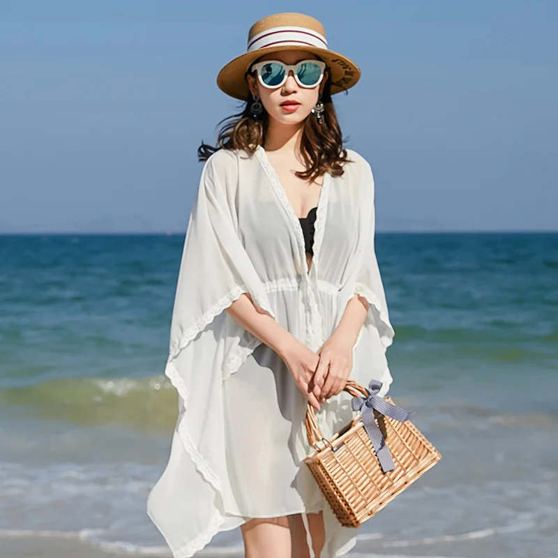 

Beach Bikini Swimsuit Cover Ups for Swimwear Women Dress Shirt Vacation Sexy Lace Cardigan Beachwear Chiffon Bathing Suit Sarong