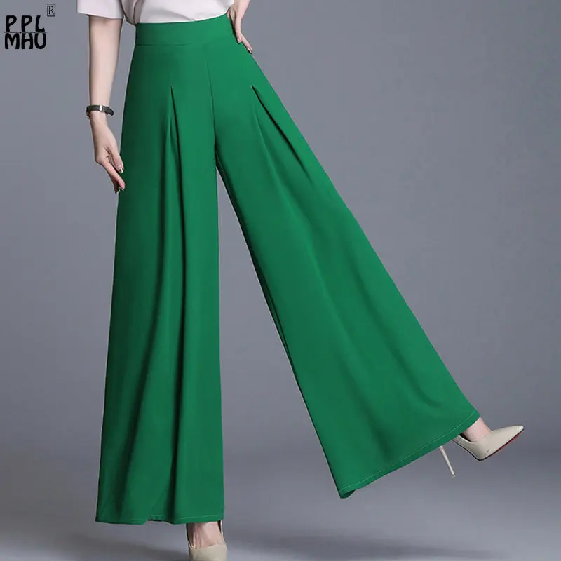 Casual High Waist Loose Straight Leg Trousers Spring Elegant Plus Size Culotte Female Classic Green Chiffon Wide Leg Pants Women
