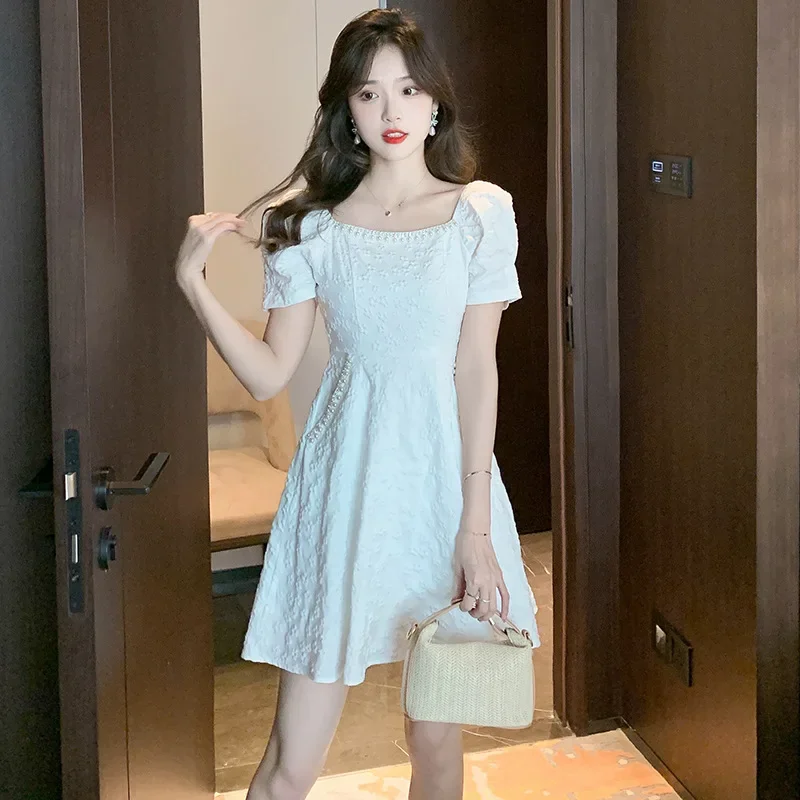 2023 Summer New Elegant Slim Fashion Square Collar French Style Heavy Embroidered Rhinestone Pocket Petite Stylish Dress For Wom