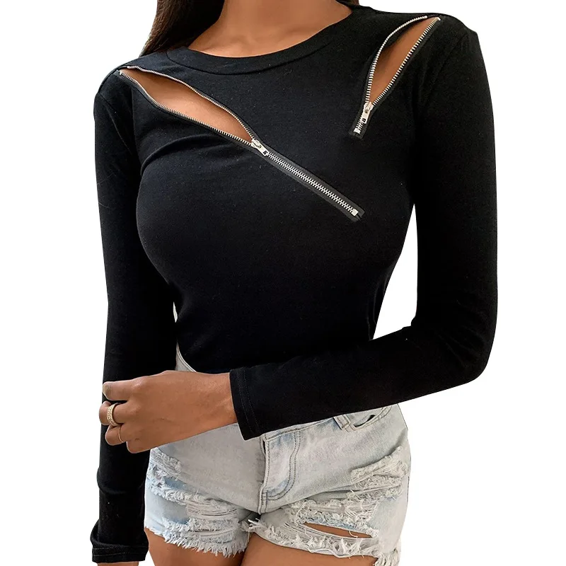 2023 New Type Caution Machine Zipper Sexy Fashion Slim Undercoat Long Sleeve T-shirt