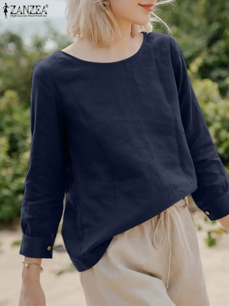 

Leisure Vintage All-Match Shirts Simple Casual Woman Blouse ZANZEA Spring Autumn O-Neck Long Sleeve Cotton Tops Solid Color 2022