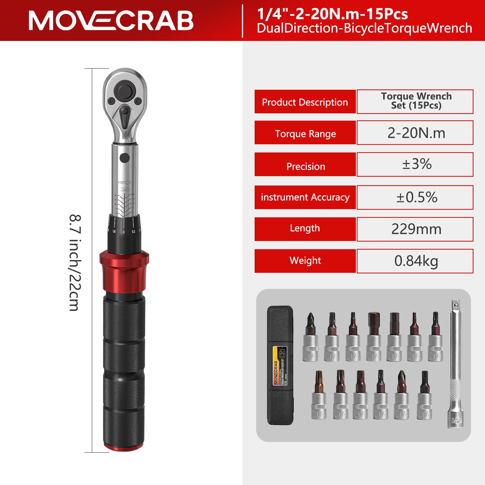 

MoveCrab Профессиональный набор гаечных ключей 15 шт. 1/4 дюйма