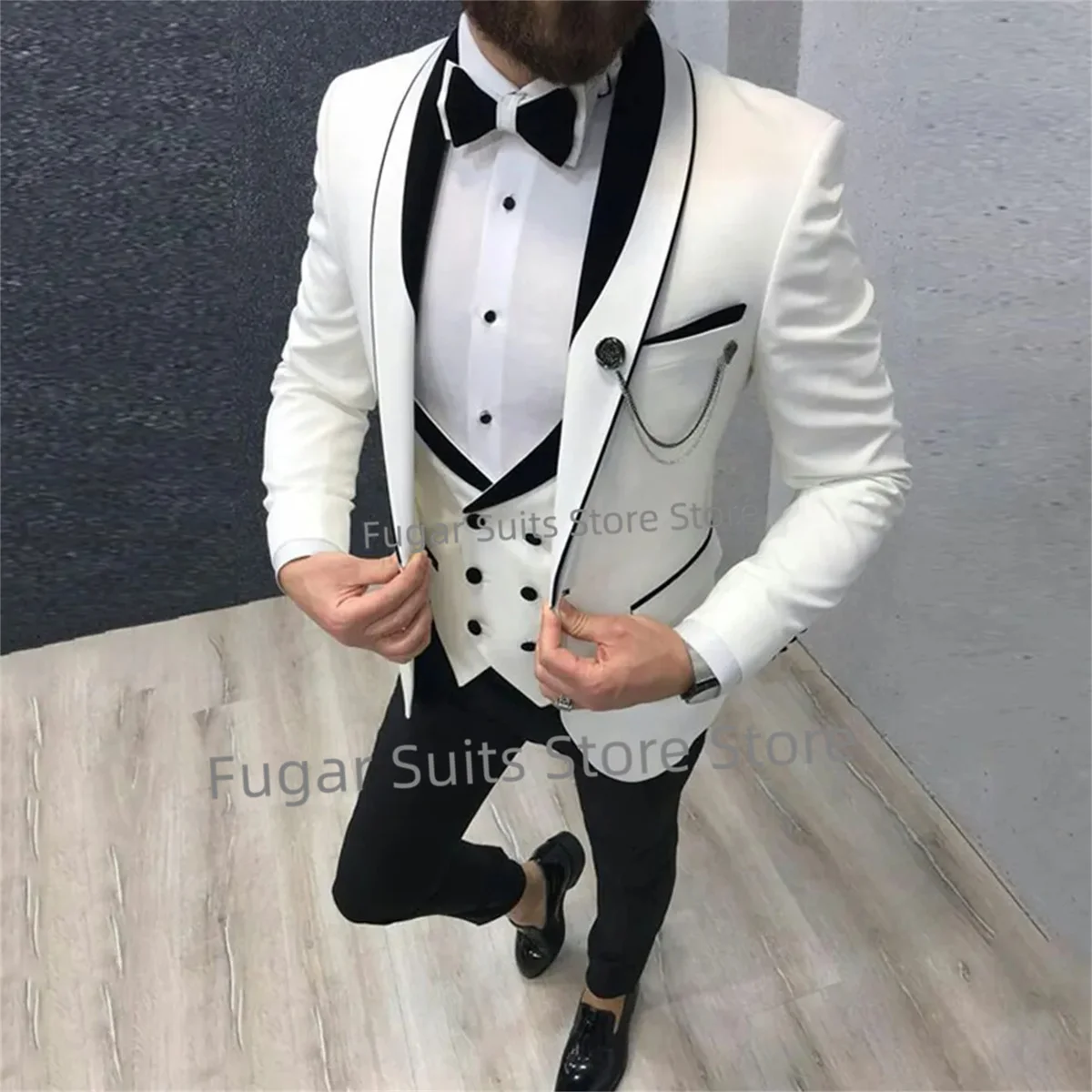 

Fashion White Wedding Men Suit Classic Slim Fit Shawl Lapel Groom Formal Tuxedos 3 Pieces Set Business Male Blazer Costume Homme