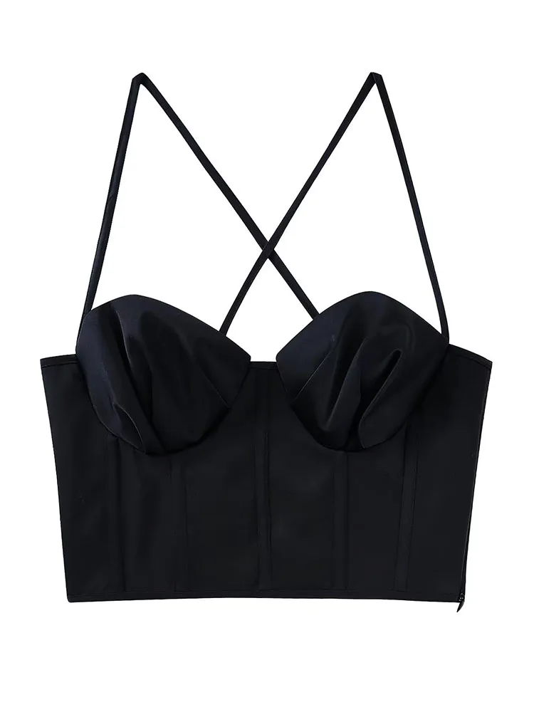 

YLJHQX 2022 Summer Women Fashion Silk Satin Texture Corset Suspenders Versatile Sleeveless Backless Cross Female Short Chic Top