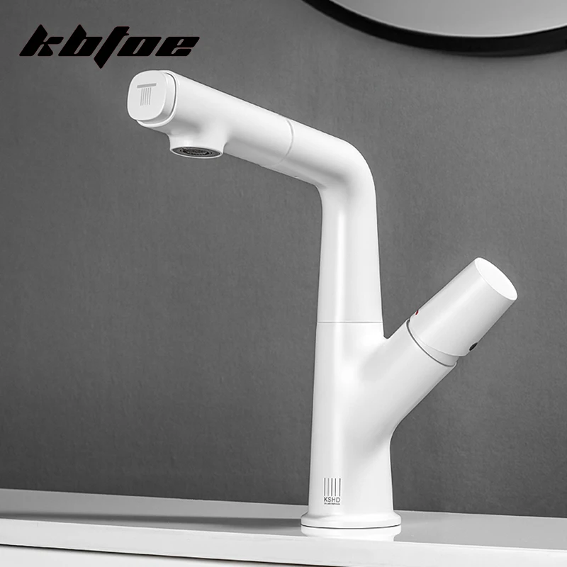 

White Modern Pull-out Basin Faucet Bathroom Hot and Cold Water Mixer Crane Deck Mounted Kitchen Liftable Wash Tap Gold Black