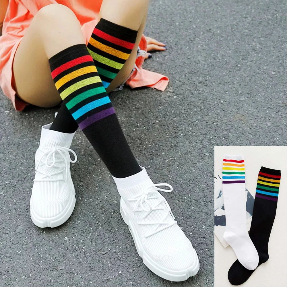 

2022 Women New Cotton Mid-Calf Length Sock Rainbow Strips Preppy Style Breathable Soft Casual Street Girl Stocking Calf Sox