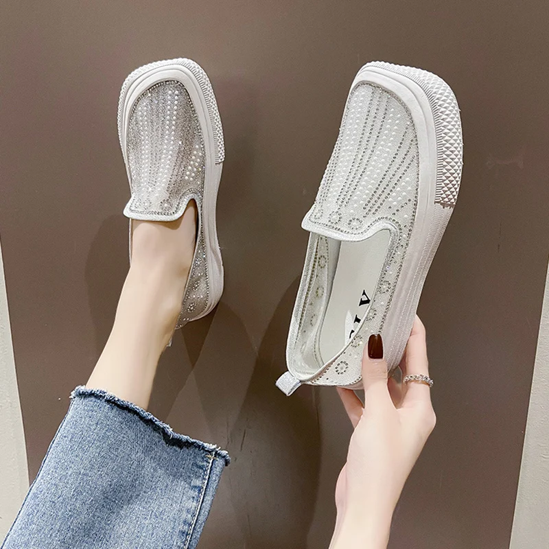 

Туфли женские с квадратным носком, лоферы без застежки, со стразами, мехом, повседневные кроссовки, для вождения, отдыха