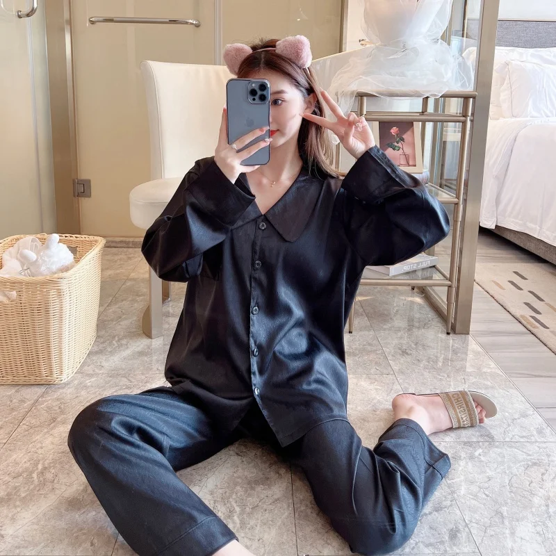 2023 New Pajamas Women's Spring and Autumn Long-Sleeve Suit V-neck Silk Korean Style Home Wear Artificial Silk Ladies' Homewear