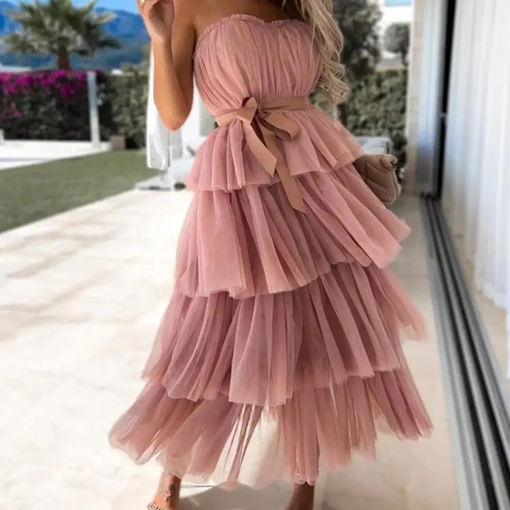 

Женское платье принцессы без бретелек, привлекательное многослойное платье средней длины без рукавов с оборками, женское платье-бандо для ...