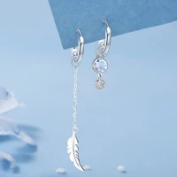 925 sterling silver asymmetric moonstone feather earrings for women personality tassel ear line ear buckle luxury jewelry
