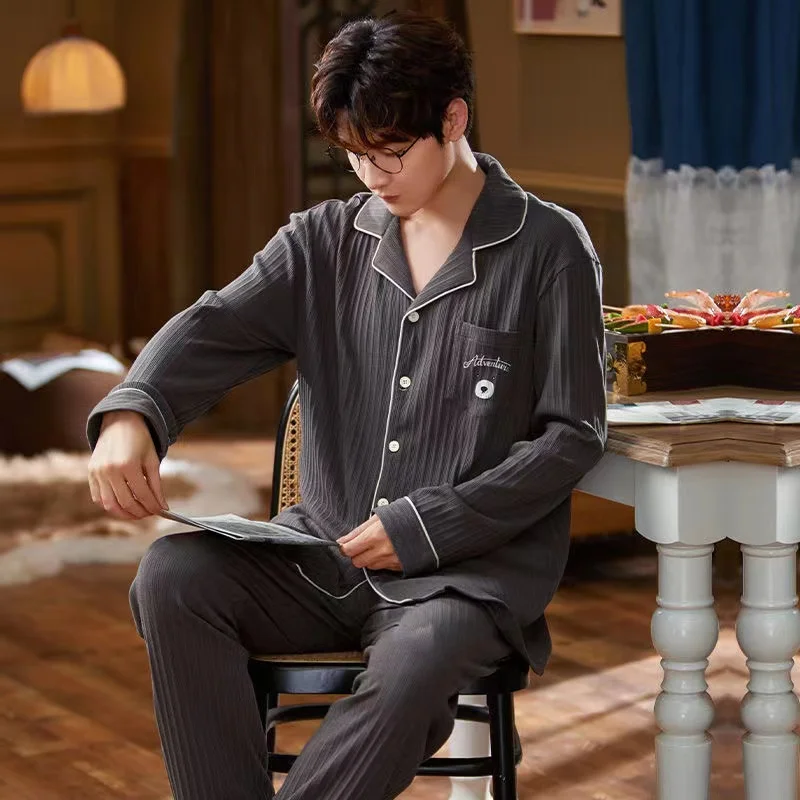 Men's Pajama Sets Spring Autumn Turn-Down Collar Loose Leisure Sleepwear 2 Pieces /Sets Home Clothes Long Sleeve Top +Pants Pyja