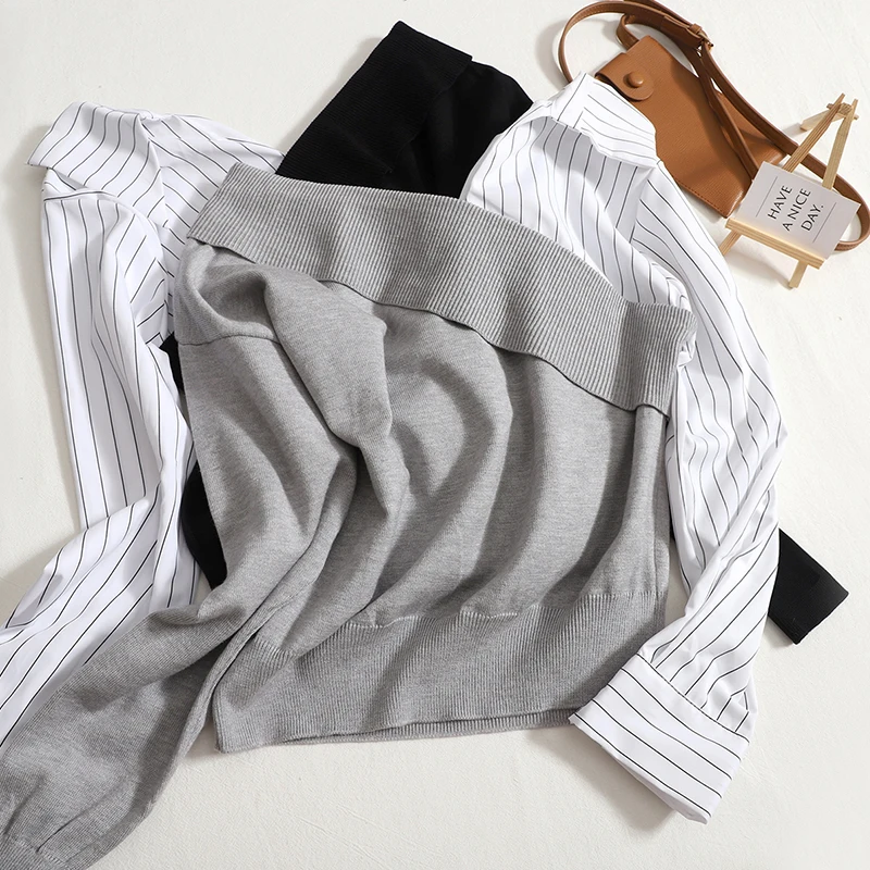 

Hikigawa Chic Fashion Women Tops V Neck Knitted Patchwork Striped Pullover Vintage Off Shoulder Long Sleeve Loose Top Mujer