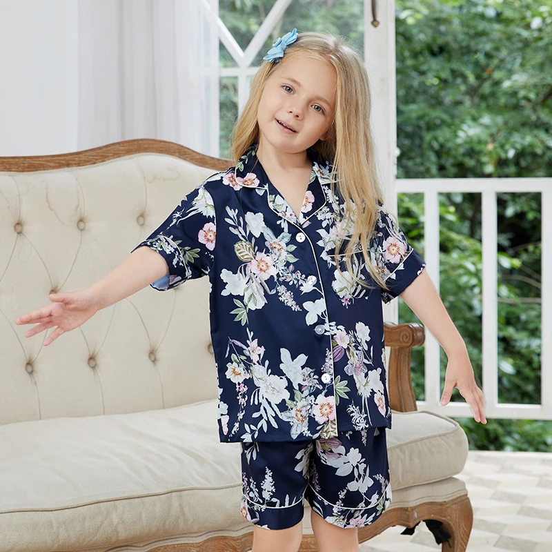 2022 Floral Pajamas Sets Silk Satin Flower Girl Pajama Spring Autumn Short-sleeve Cardigan Set Fashion Ice Silk Home Clothing
