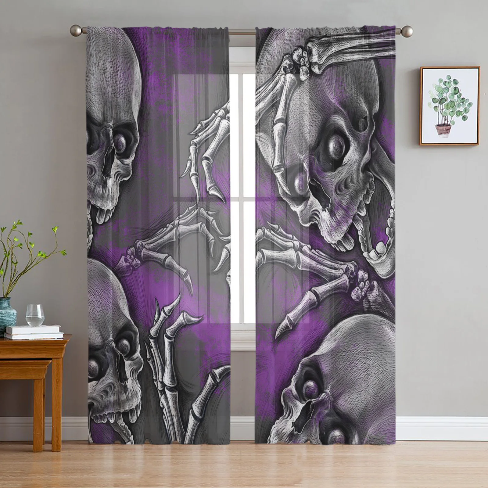 

С фиолетовым черепом тюль, прозрачные оконные шторы для гостиной, спальни, современные декоративные занавески из органзы