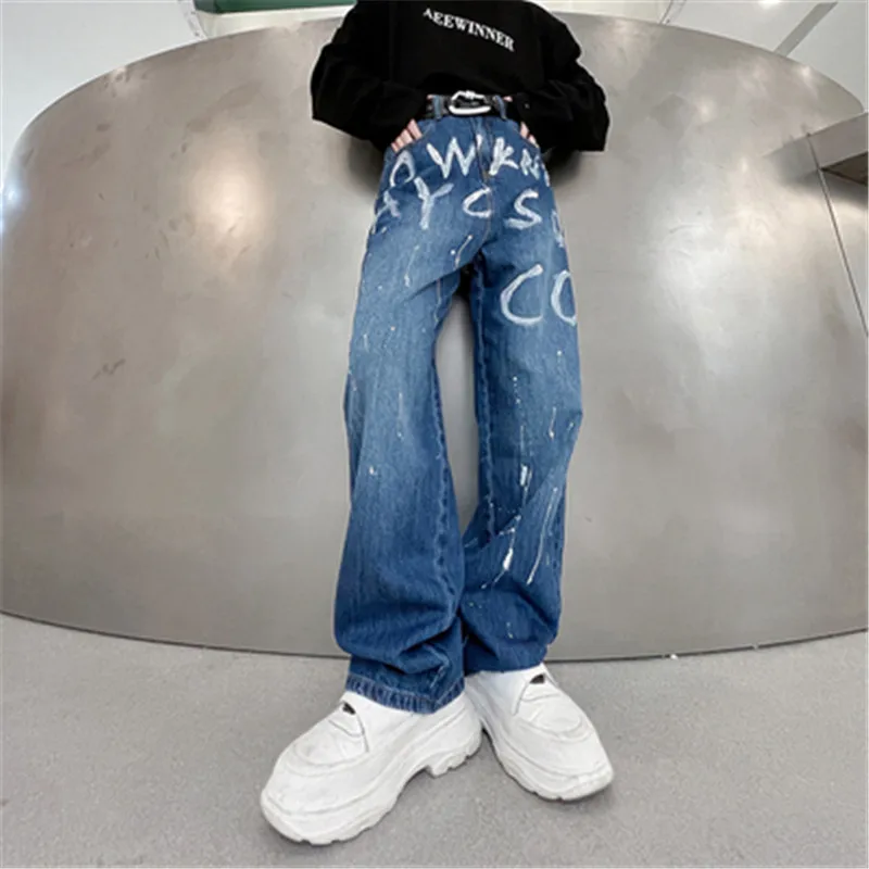 Men Jeans Loose Wide Leg Pants Graffiti Baggy Pants Men High Street Cool Male Denim Blue Trousers Korean Style Men Clothes Fall