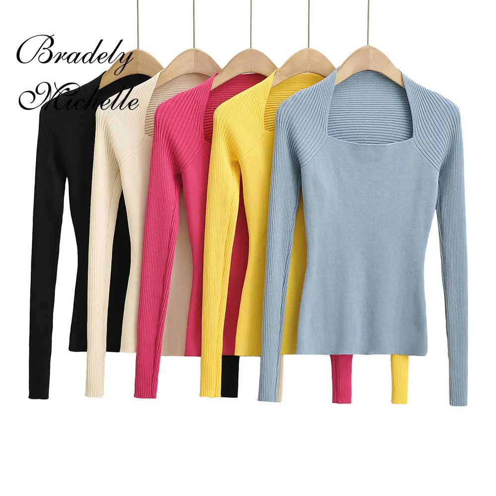 

Women's Autumn Streetwear Sweater Mujer Solid Color Long Sleeve Pile Collar Pullover Top Elastic Knit