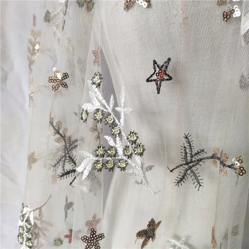 Mesh Sequin Floral Star Embroidered Lace Fabric for Dress Skirt Clothing By the Yard |