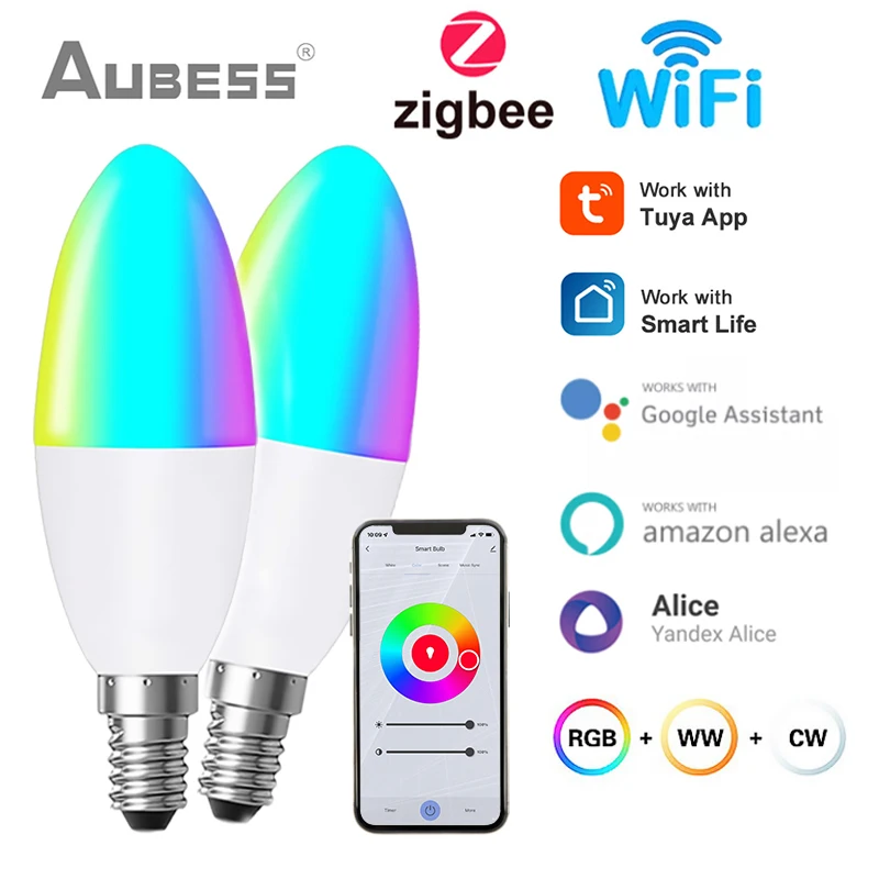 Tuya Wifi Zigbee Smart Lamp RGB+W+C LED Candle Bulb E14 Dimmable Light Smart Life App Remote Control Work With Alexa Google Home