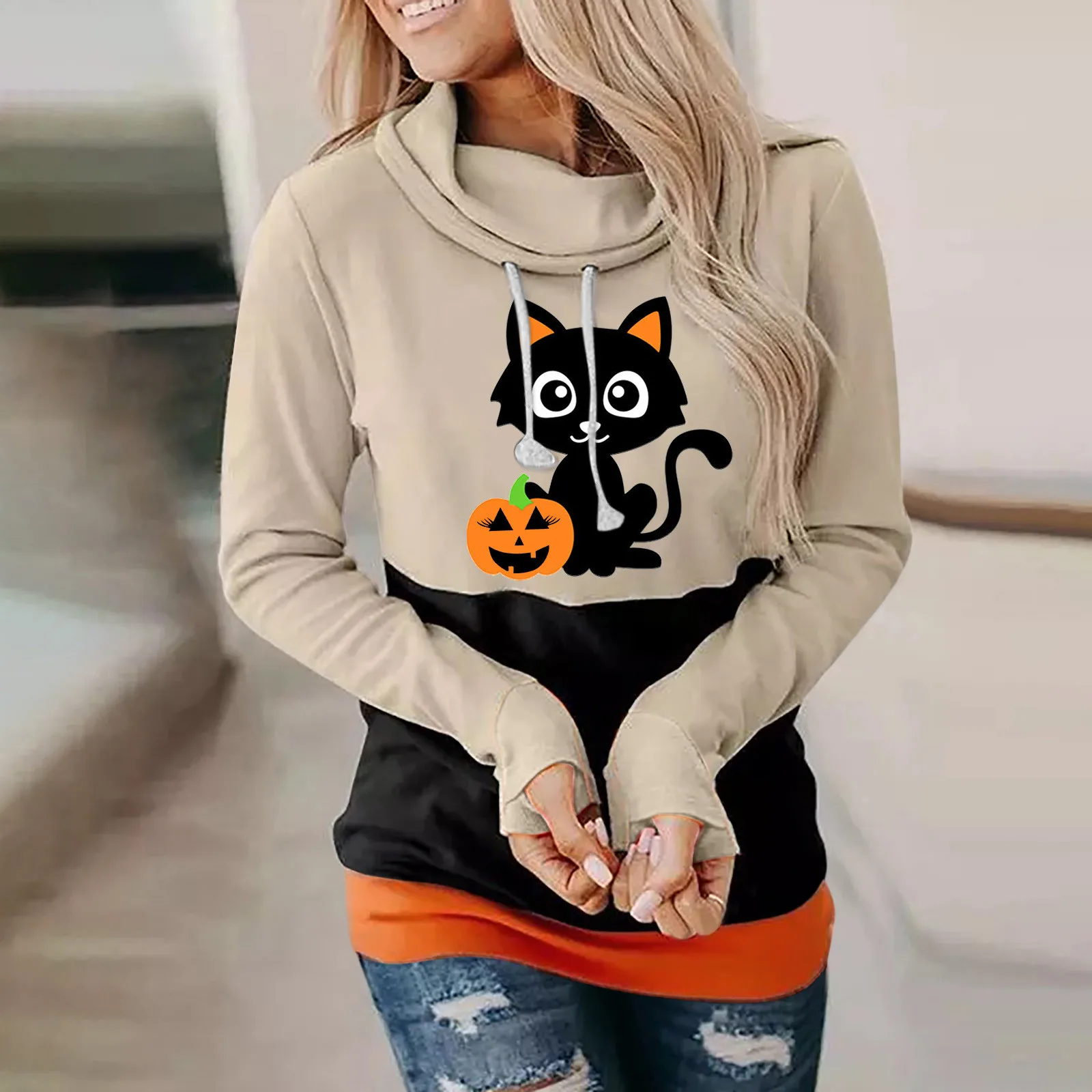 

Women Halloween Printing Sweatshirt Casual Long Sleeve Hooded Loose Drawstring Hoodie Pullover Plover Women