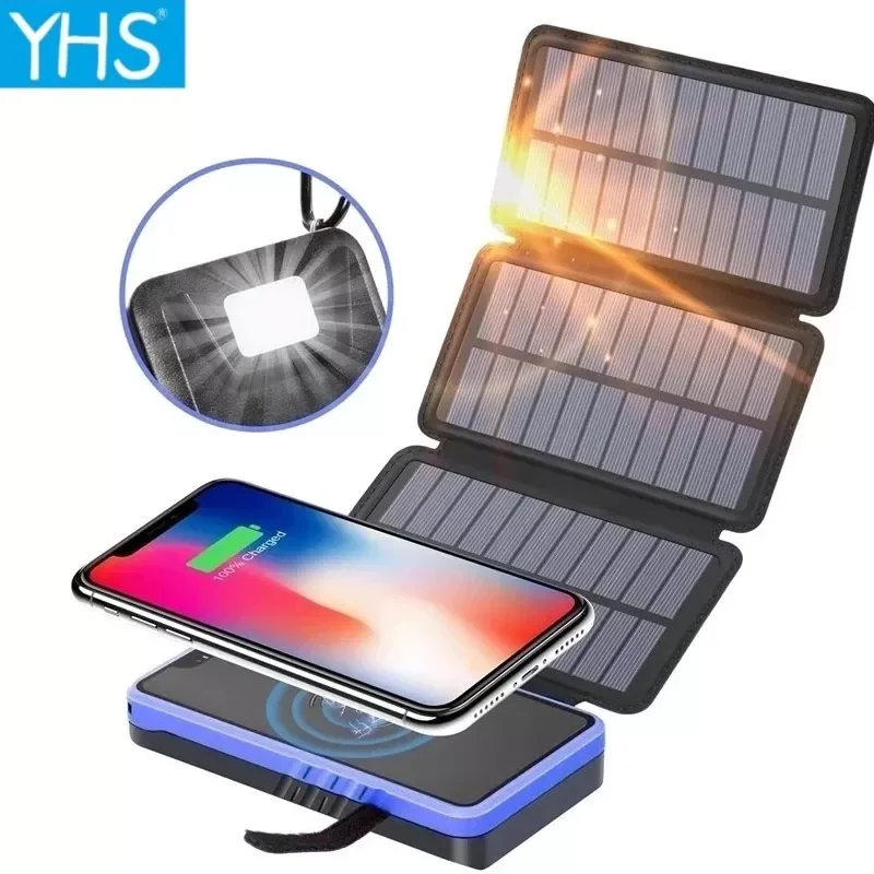 

2023New 30000mAh Solar Power Bank Qi Wireless Charger Waterproof Powerbank Portable Solar Panel Charger Outdoor Camping Light Po