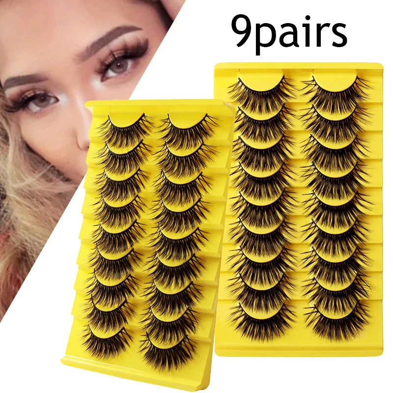 

9Pairs False Eyelashes 3D Faux Hair Fake Lash Thick Fluffy Cross Curling Lash Extension Reusable Eye Makeup Natural Eyelashes