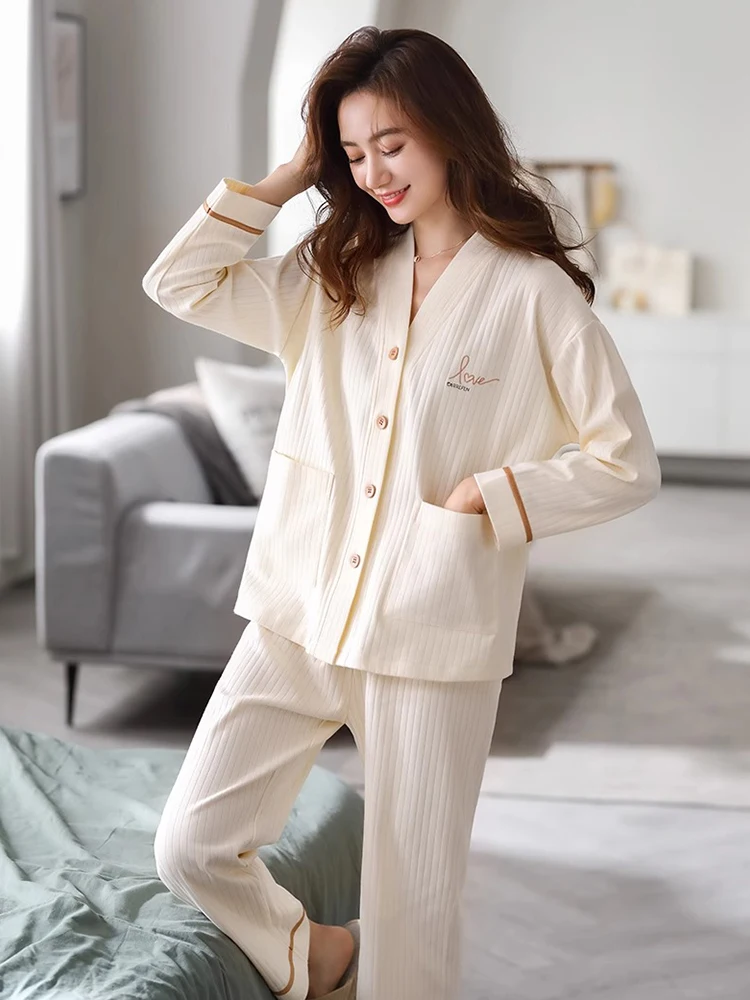 Chrisma &amp Katch Pure Cotton Pajamas Women Spring and Autumn High Sense V-neck Long sleeve Set Embroidered Home Wear