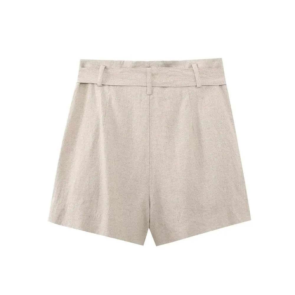 Withered Belted Ladies Loose Beige Lounge Shorts French Country Linen Bermuda Women