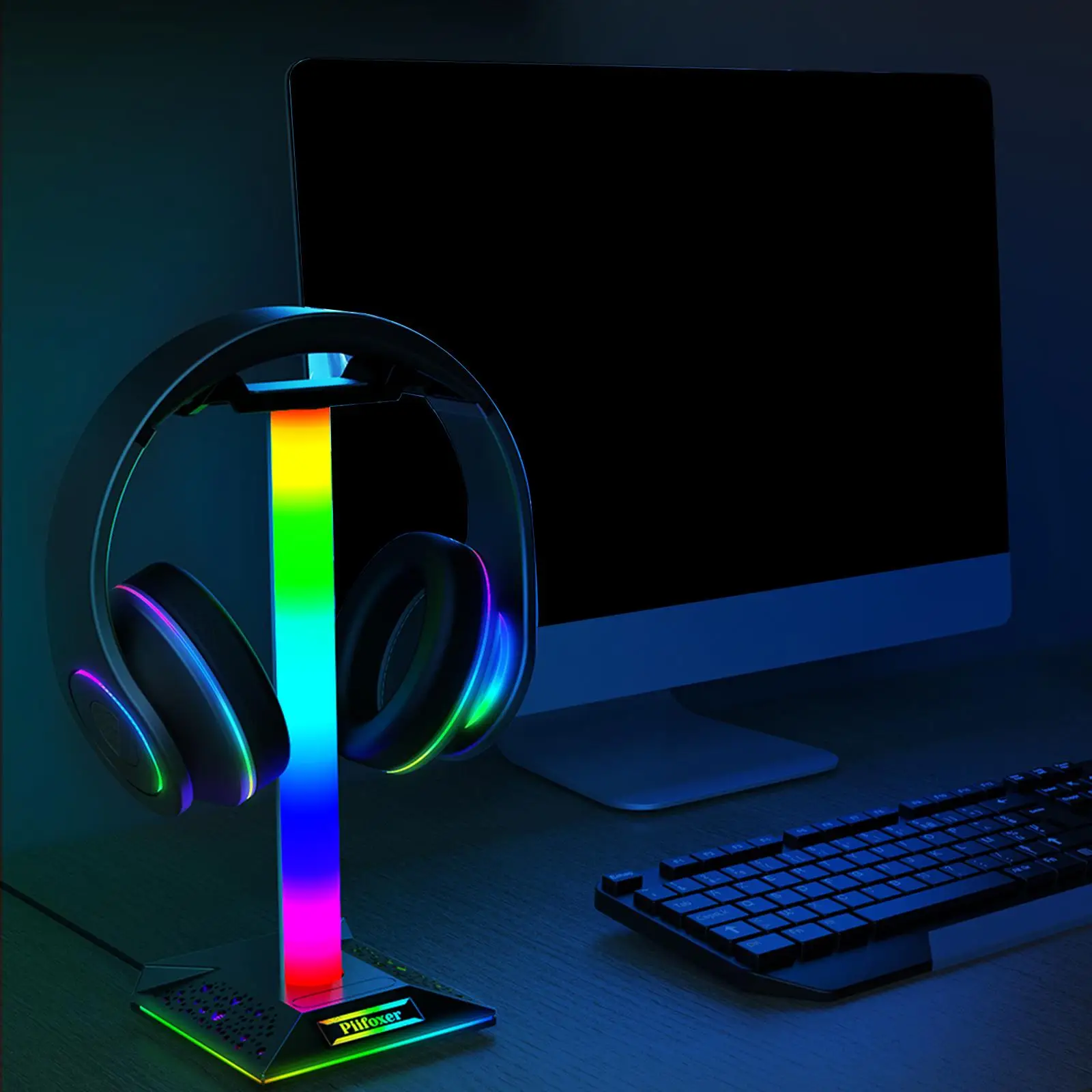 

RGB Headphone Stand 3.5mm with 2 USB Ports Durable Organizer Lighting Gaming Headset Stand Headphone Hanger for Gamer Laptop PC