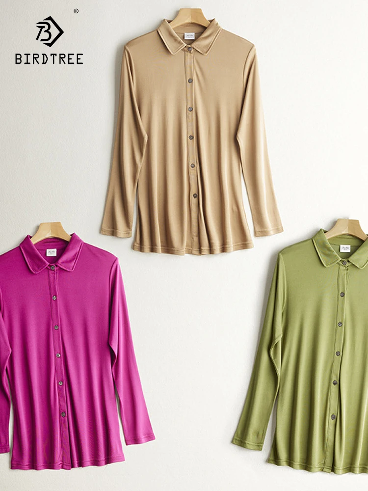 

Birdtree 25%Mulberry Silk 75%Viscose Lapel Shirt Women's Fashion Spring Summer New Base Solid Long Sleeve Blouse 2023 T38662QC