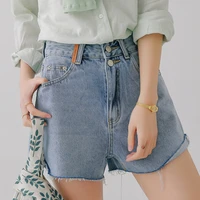 2021 summer women new high waist slit slim shorts female raw edged loose jeans with buttons solid color cotton casual streetwear