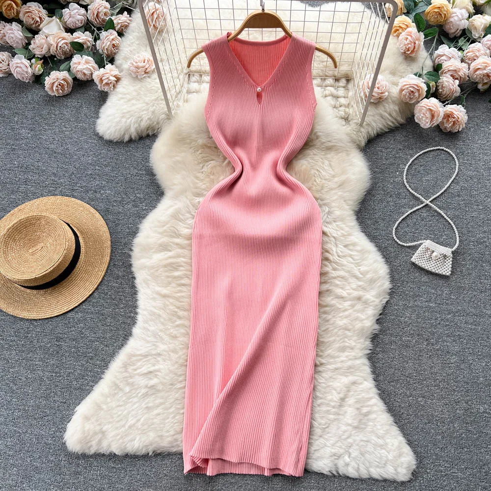 

Summer New Simple Design Sense of Solid Color Knitted Dress Female Tank Dress Sleeveless Bottoming Knee-length Package Hip Dress