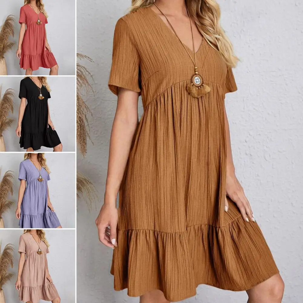 

Women Summer Dress V Neck Short Sleeves Pleated Loose Hem Patchwork Dress-up Pullover A-line Summer Mini Dress Female Garment