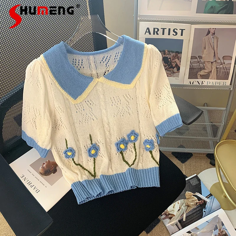 

French Style Hollow Sweet Polo Collar Knitwear Top Women's 2022 Summer New Fashion Slim Fit Chic Short Pullover Knitting T-shirt