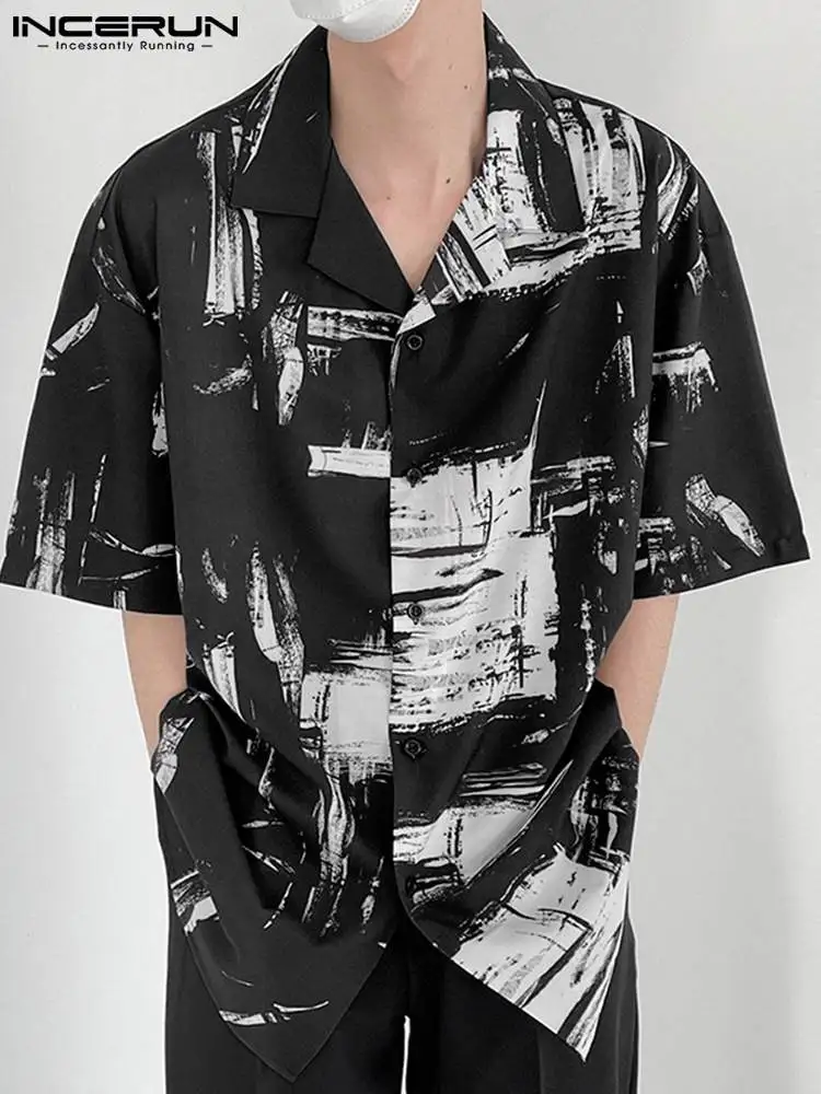 

INCERUN Fashion Men Casual Shirt Printed Lapel Short Sleeve Button Camisas 2022 Loose Streetwear Leisure Men Clothing Plus Size