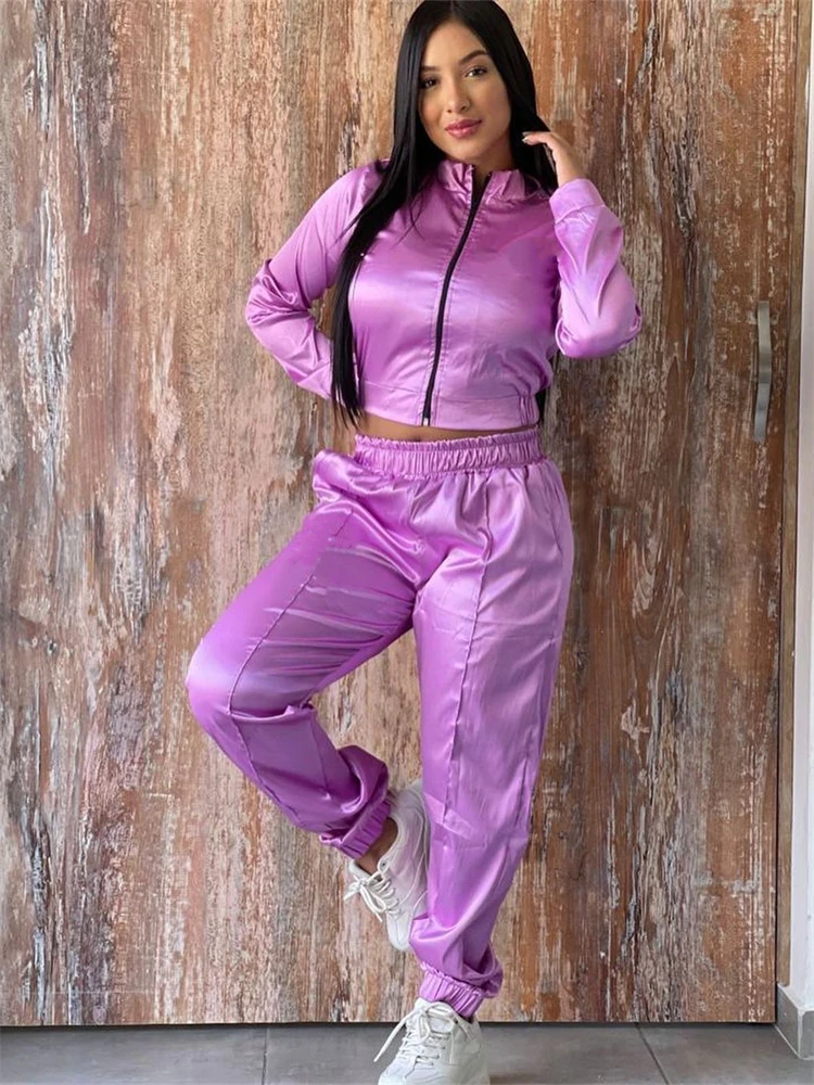 

Habbris Autumn Solid 2 Two Piece Sets Club Outfit For Women 2022 Long Sleeve Zip Up Crop Top And Pants Sets Female Matching Set