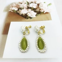 fashion french white rose pearl green cats eye drop earrings ear clips elegant and gentle design jewelry