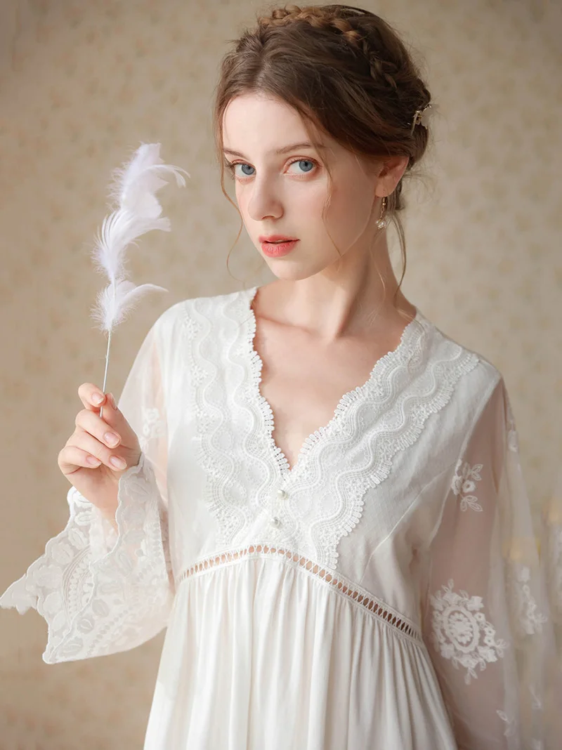 Women 2022 French Vintage Princess Pajamas Embroidery Cotton Mesh V-Neck Lace Slit Long Sleeve Nightdress Spring Autumn Vestidos