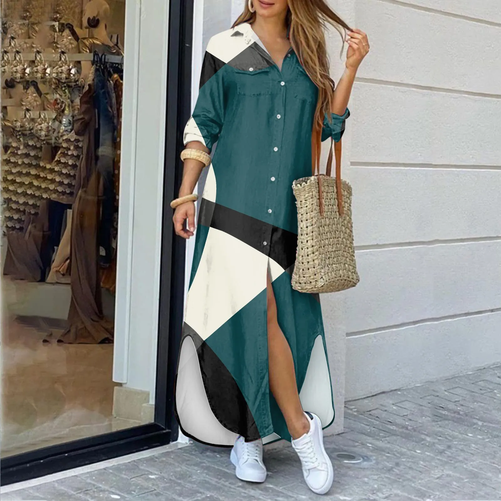 

Luxury Long Women's Dress 2023 Summer Sexy Casual Print Long Sleeve Slit Maxi Dresses Button Down Loose Beach Dress Vestidos