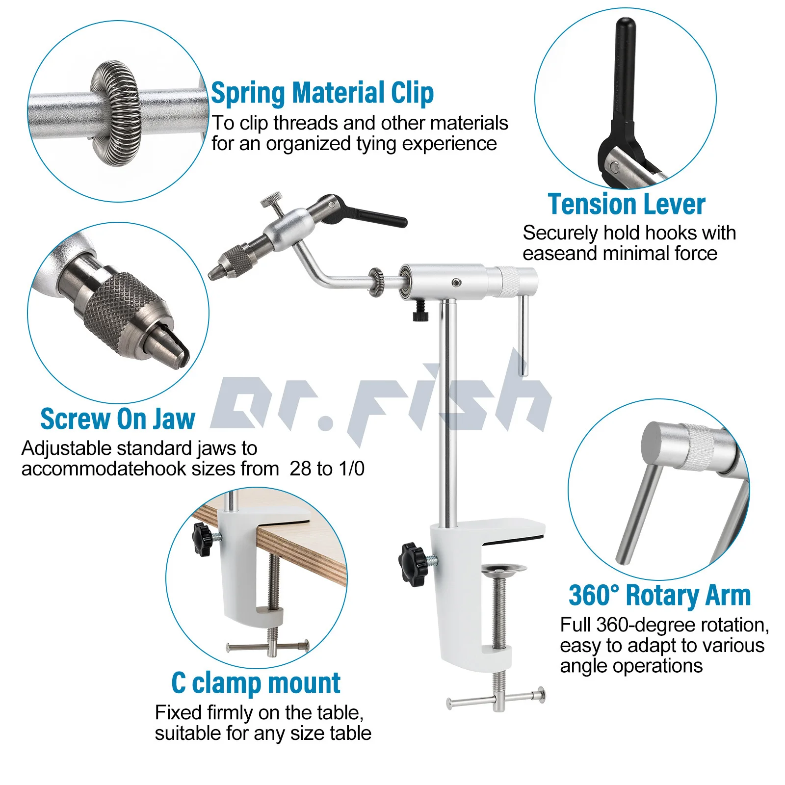 Fly Tying Vise 360 Degree Rotary Stainless Steel Aluminum Alloy Fishing Flies Tieing Tools C-Clamp Mount Standard Jaws