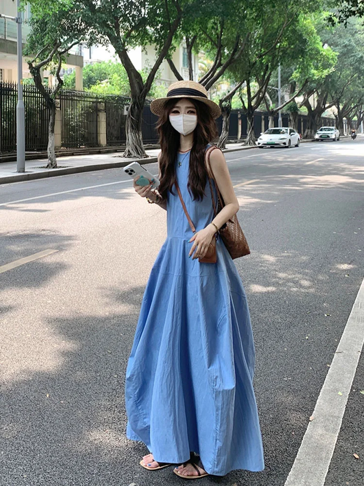 Синее платье-жилет с круглым вырезом женское романтическое французское платье