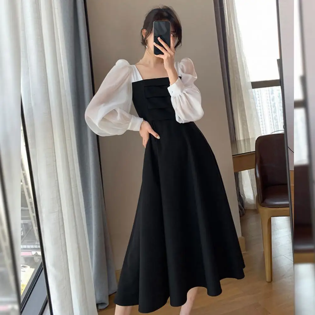 

Autumn Dress Patchwork Dress Big Hem Women Dress Lady Spring Dress Autumn Dress Patchwork Dress Big Hem Women Dress